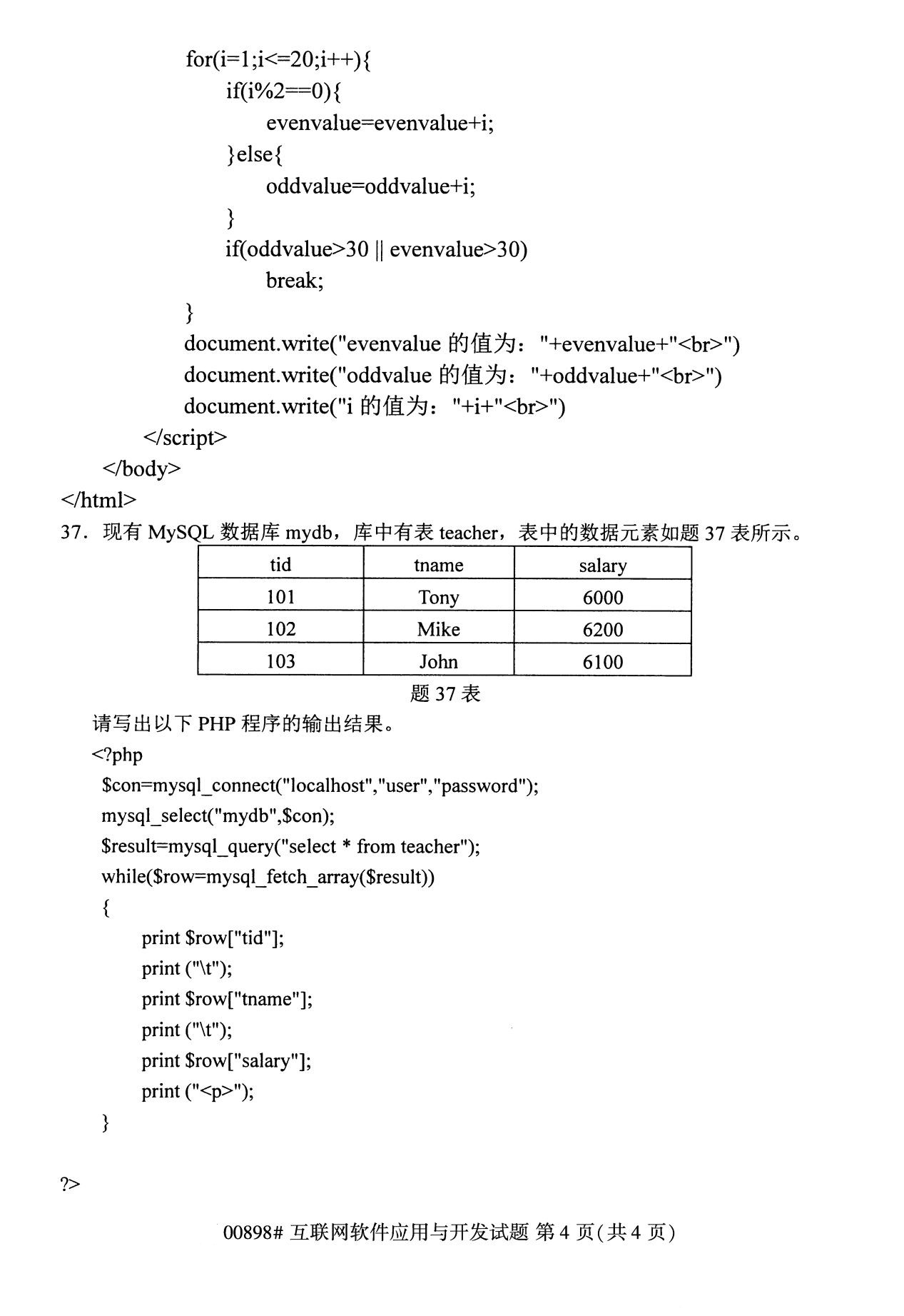 全国2020年8月自考专科00898互联网软件应用与开发试题4