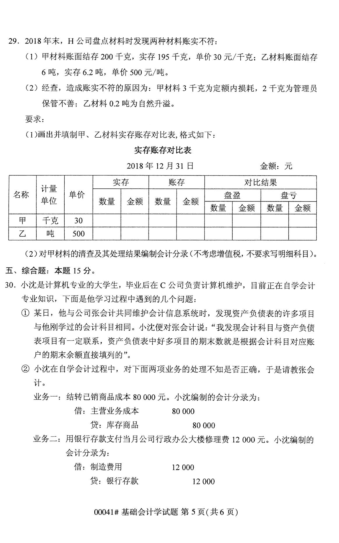 全国2020年8月自考专科00041基础会计试题5